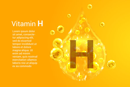 Vitamin H. Baner with vector images of golden drops with oxygen bubbles. health concept.のイラスト素材