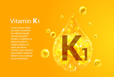 Vitamin K1. Baner with vector images of golden drops with oxygen bubbles. health concept.のイラスト素材