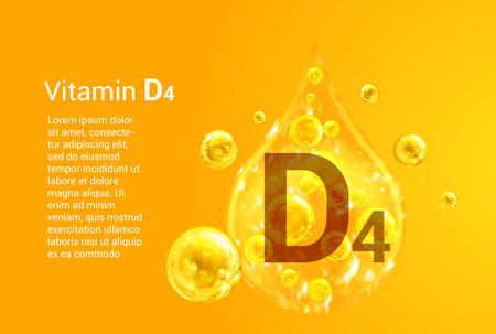 Vitamin D4. Baner with vector images of golden drops with oxygen bubbles. health concept.のイラスト素材