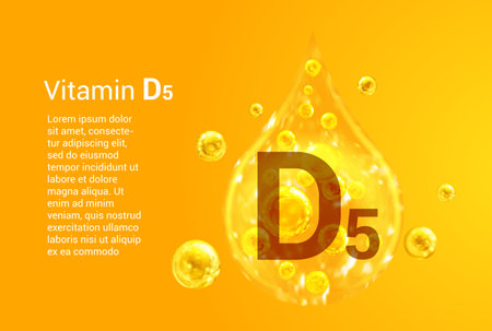 Vitamin D5. Baner with vector images of golden drops with oxygen bubbles. health concept.のイラスト素材
