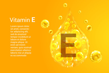 Vitamin E. Baner with vector images of golden drops with oxygen bubbles. health concept.のイラスト素材