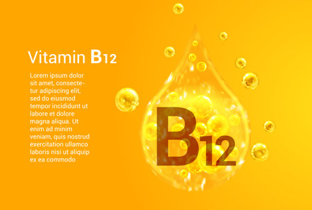 Vitamin B12. Baner with vector images of golden drops with oxygen bubbles. health concept.のイラスト素材