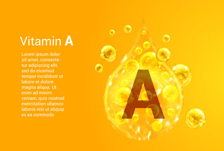 Vitamin A. Baner with vector images of golden drops with oxygen bubbles. health concept.のイラスト素材
