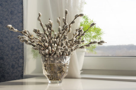 bouquet of willow branches in a crystal vaseの写真素材