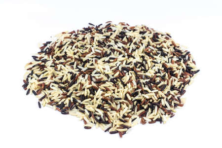 Rice mixture. brown rice, black rice, white rice  isolated on white backgroundの写真素材