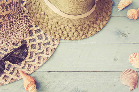 Travel accessories on wooden backgroundの写真素材