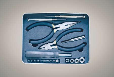 Set  tools box on wooden backgroundの写真素材