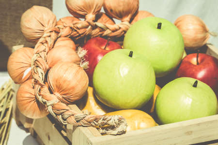 Fruits in the wood basketの写真素材