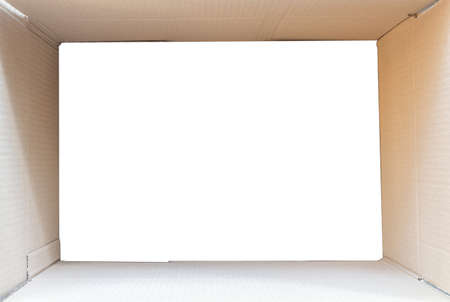 Inside of brown cardboard box on a white backgroundの写真素材