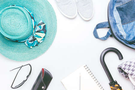 Travel accessories on white backgroundの写真素材