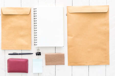 Business stationary set on wooden backgroundの写真素材