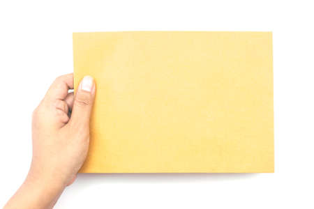 Hand holding paper on white backgroundの写真素材