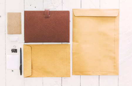 Business stationary set on wooden backgroundの写真素材