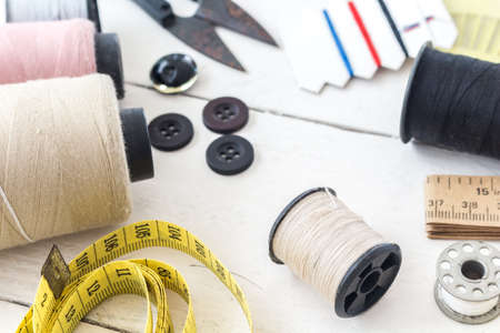 Sewing tools on the tableの写真素材