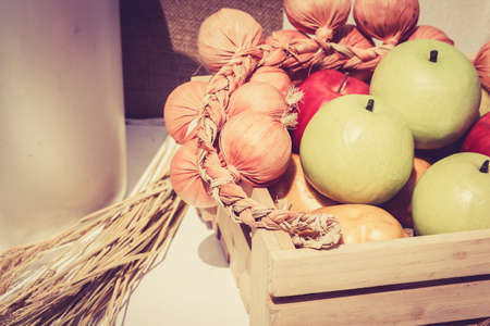 Fruits in the wood basketの写真素材