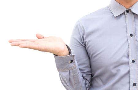 Open business man hand showing something isolated on white backgroundの写真素材