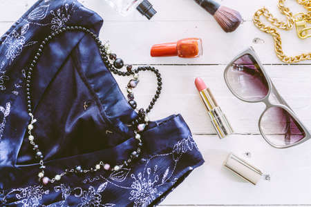 Outfit of casual and woman fashion on wooden backgroundのeditorial素材