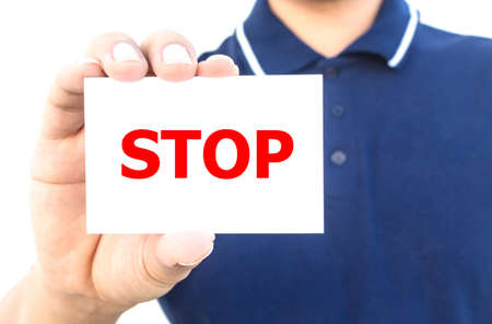 Man hand showing stop sign  isolated on white background