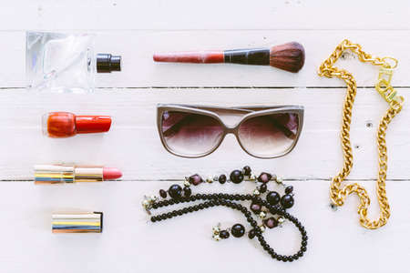 Outfit of casual and woman fashion on wooden backgroundの写真素材