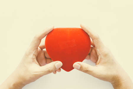 Hands hold a empty blank red heart gift boxの写真素材