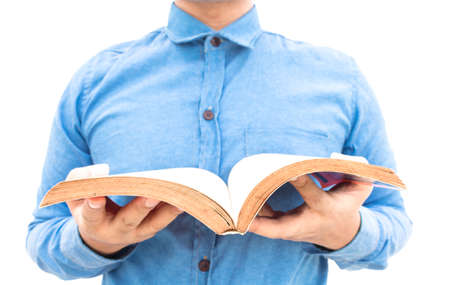 Man reads a book isolated on  white background