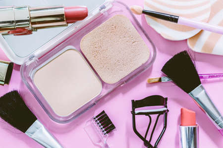 Cosmetics set on pink backgroundの写真素材