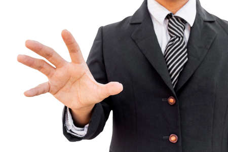 Businessman pressing on virtual screens isolated on white backgroundの写真素材