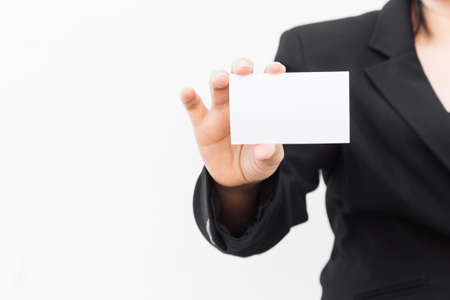 Business woman holding business  cardの写真素材