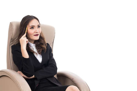 Beautiful  businesswoman thinking isolated white backgroundの写真素材