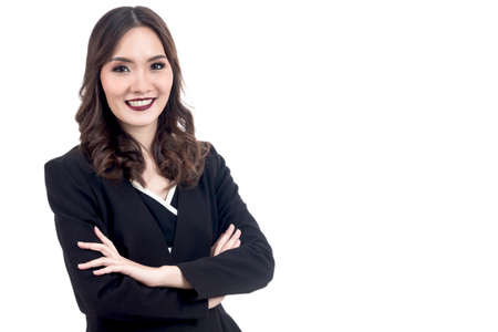 Portrait of business woman with copyspace isolated on white backgroundの写真素材