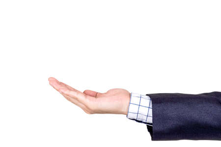 Businessman open empty palm hand gesture isolated on whith backgroundの写真素材