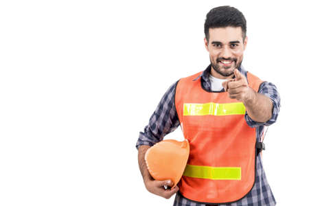 Portrait of construction worker isolated on white backgroundの写真素材