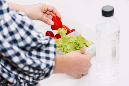Mother making healthy school lunch box for her childrenの写真素材