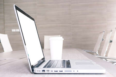 Laptop in business meeting and conference room interiorの写真素材
