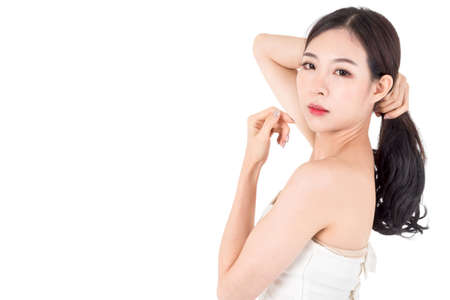 Beautiful woman beauty health care.beauty and spa.perfect fresh skin isolated on white backgroundの写真素材