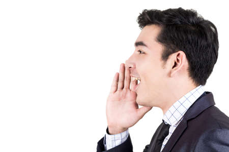Businessman whispering gossip isolated on white background