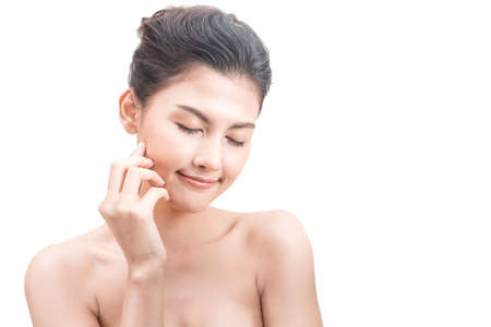 Beautiful woman beauty health care.beauty and spa.perfect fresh skin isolated on white backgroundの写真素材