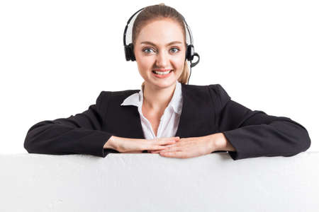 Beautiful businesswoman customer support services working with headset isolated on white backgroundの写真素材