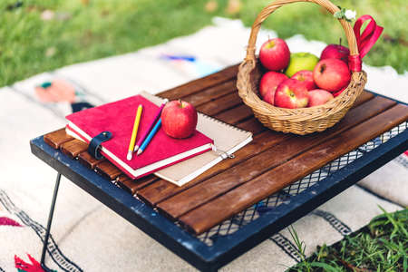 Stacked books and fresh red apple on the table in park.School accessoriesの写真素材