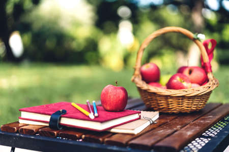 Stacked books and fresh red apple on the table in park.School accessoriesの写真素材