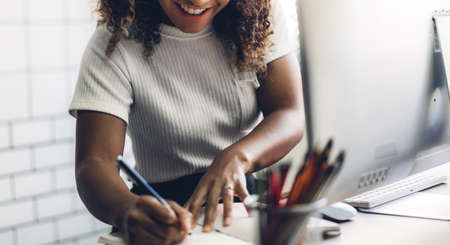 African american black woman working with laptop computer.creative business people planning and...
