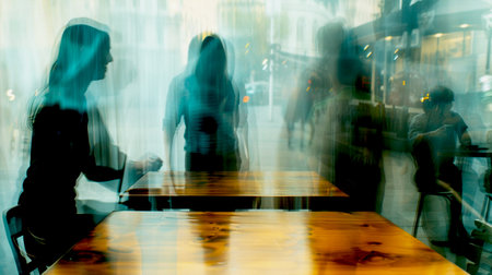 Abstract image of blurred people in motion behind a wooden table, capturing a sense of movement and dynamism while the table remains a stable, grounding element in the sceneの素材