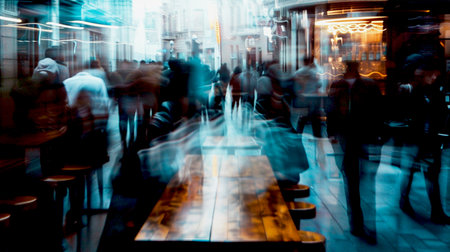 Abstract image of blurred people in motion behind a wooden table, capturing a sense of movement and dynamism while the table remains a stable, grounding element in the sceneの素材