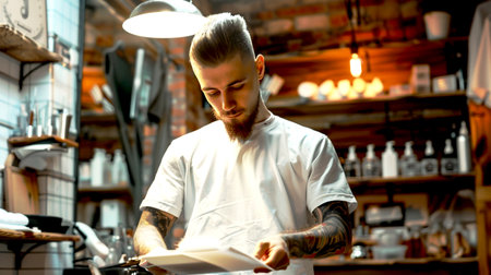 barber in a white t-shirt demonstrating the sharp blade of his straightの素材