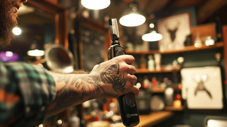 A barbar's hand with electric trimmer styling in the shopの素材