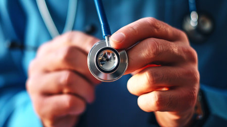 Doctor holding stethoscope in his hands. Close-up.の素材