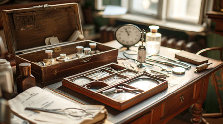 Vintage medicine tools and instruments on table in old doctor's officeの素材