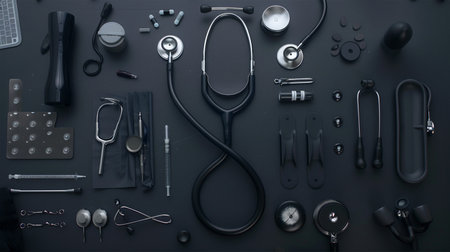 Stethoscope and medical equipment on a black background. 3d renderingの素材