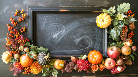 Autumn background with pumpkins, berries, leaves and chalk boardの素材