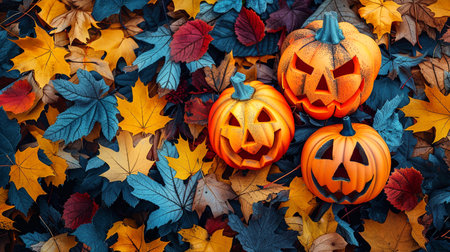 Halloween pumpkins on autumn leaves background, top view, copy spaceの素材
